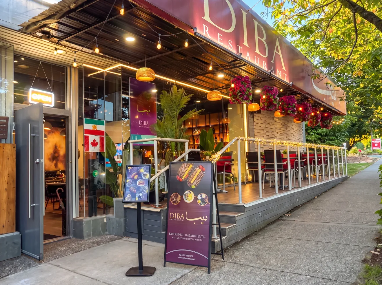 Diba Restaurant storefront on Pendrell St, patio and sign in daylight